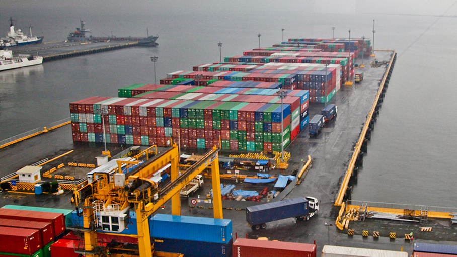Supply chain category image (shipping cargo containers on dock)