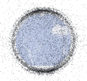 Picture of Earth surrounded by black dots representing space debris