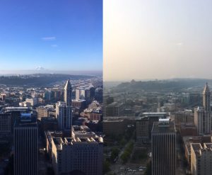 Mount Rainier, which is visible from Seattle on a clear day, has been hidden from view by smoke from British Columbia.