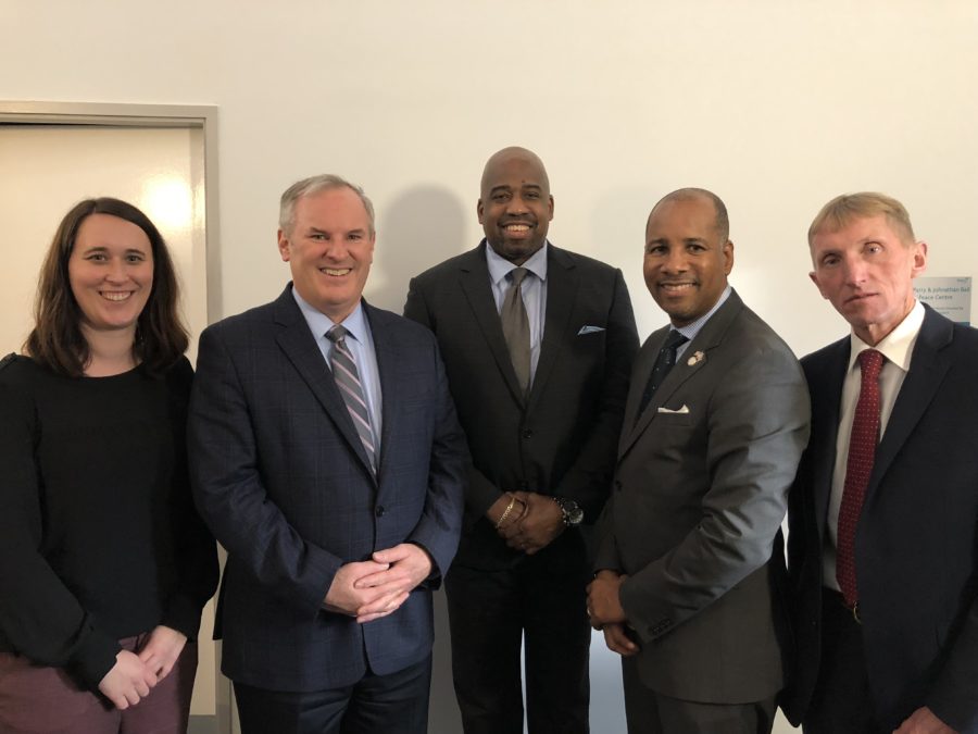 Above (left to right: Rene Fielding, Director of the Mayor’s Office of Emergency Management for the City of Boston; Stephen E. Flynn, Founding Director of the Global Resilience Institute; Ed Powell, Vice President for Community Engagement at the Justice Resource Institute; James Colimon, International Partnerships Manager for the City of Boston; and William B. Evans, Boston Police Commissioner.)