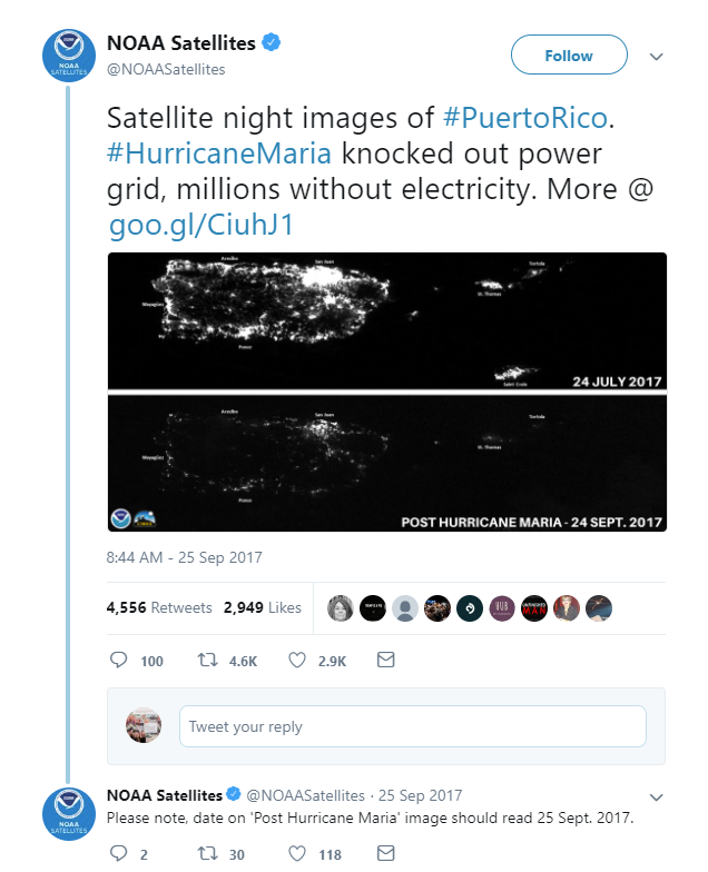 Satellite Images of lights on the island of Puerto Rico, before and after Hurricane Maria
